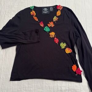 Vintage Michael Simon Event Leaf Appliqué V Neck Women's LARGE Knit Fall Leaves